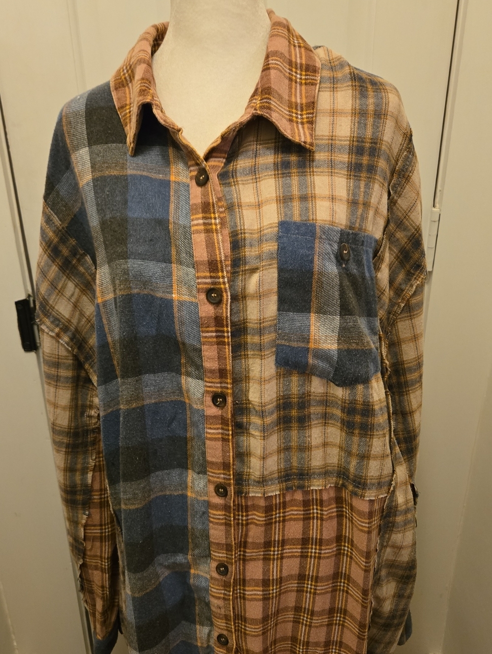 Oli & Hali Autumn Fall Patchwork Brown and Navy Plaid Shirt Dress Jacket Size L - Picture 2 of 9